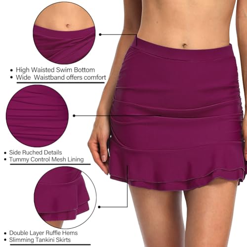 Image of Hilor Women's Skirted Bikini Bottom High Waisted Swim Bottom Shirred Ruffle Swim Skirt