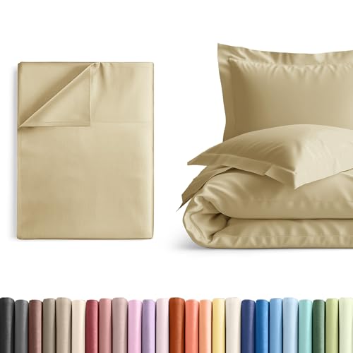 Cal King Size Flat Bed Sheet + Duvet Cover Bundle - Hotel Luxury Single Flat Bottom Sheet Only - Fits Mattresses with Deep Pockets between 8 to 16 inches - Soft, Breathable and Wrinkle Free - Beige