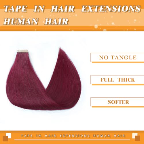 Image of YDDM 20pcs Tape in Hair Extensions, 14 Inch Burgundy 100% Remy Human Hair Straight Seamless Invisible Tape in Hair Extensions Human Hair(99J-A#, 14 Inch)