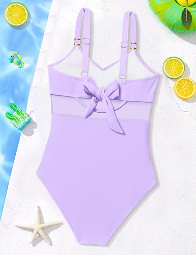 Image of Girls Swimsuit Criss Cross One Piece Swimsuits Wrap Tie Back Sheer Mesh Bathing Suit with Gold Metal Swimwear 9-16Y