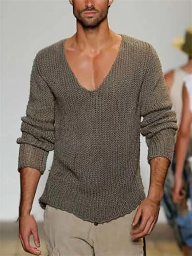 Mens Deep V Neck Pullover Long Sleeve Solid Knitted Sweater Casual Cotton Blend Business Jumper Top2