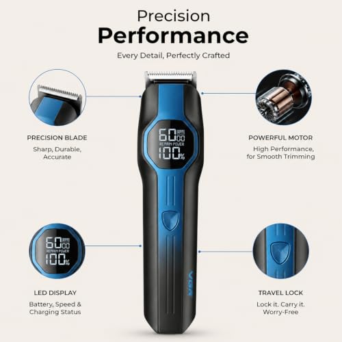 Image of VGR V-173 Professional Multi Grooming Kit for Men, 6-in-1 Trimmer with Shaver, Nose, Ear & Body Groomer, IPX7 Waterproof, Zoom Wheel Comb, LED Display, 210 Min Runtime, 2-Year Warranty- Blue