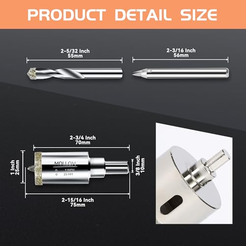 Image of MOLLOM 1 inch (25mm) 2Pcs Diamond Hole Saw with 4 Pilot Drill Bit | Tile Hole Saw Smooth Cutting Porcelain Tiles,Ceramic,Marble,Granite
