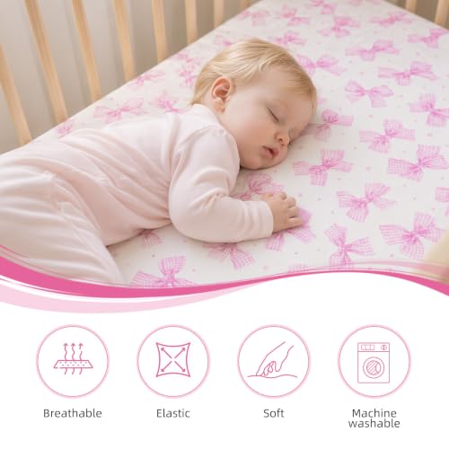 Image of 4 Pack Pink Bow Crib Sheets Girls - Fits Standard 52 inchx28 inchx8 inch Crib & Toddler Mattress, Soft Breathable Polyester Baby Nursery Bedding, Coquette Bow Polka Dot Stripe Printed Fitted Sheets for Girls
