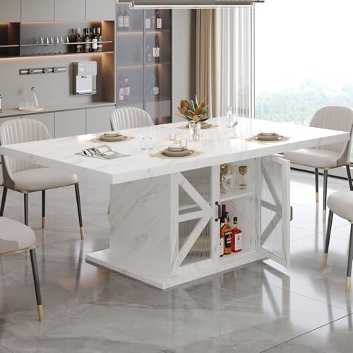LVB Modern Dining Table for 4 to 6, White Rectangle Kitchen Table with Storage, Wooden Pedestal Dining Room Table with Fridge Space, Large Dinner Tables for Home,Living Room,White Faux Marble, 63 Inch