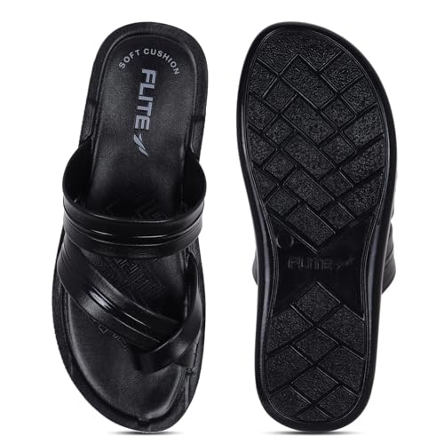 Image of FLITE PUG-176 Men's Slippers Black Tan | Lightweight EVA Sole Anti-Skid Flip Flops | Comfortable Casual Chappal for Men Indoor Outdoor