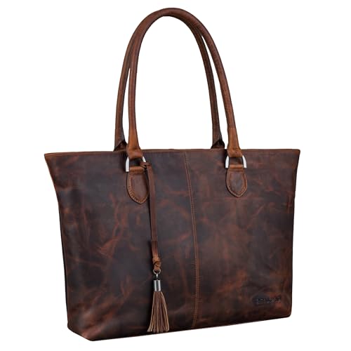 STILORD "Callie Echt Leder Shopper Tasche Damen Handtasche Groß - Tote Bag Leder-Tasche Vintage Schultertasche Frauen Henkeltasche Arbeitstasche mit Laptopfach 15.6 Zoll Farbe:ambra - coganc