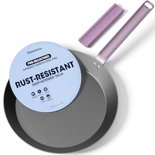 stackbear Carbon Steel Frying Pan 12 Inch, Nitrided Steel Skillet, Preseasoned Rust Resistant Large Cooking Pan with Ergonomic Handle & Removable Silicone Grip, Induction & Oven Safe