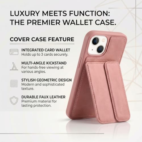 Image of amazon basics Luxury Vegan Leather Back Cover for iPhone 14 | Built-in Card Holder Slot | Integrated Mobile Stand | Slim Shockproof Protective Case with Stitched Finish - Pink