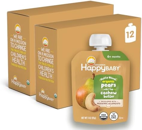 Happy Baby Organics Stage 2 Baby Food Pouches, Gluten Free, Vegan Snack, Nutty Blends, Pears & Cashew Butter, 3 Ounce (Pack of 12)