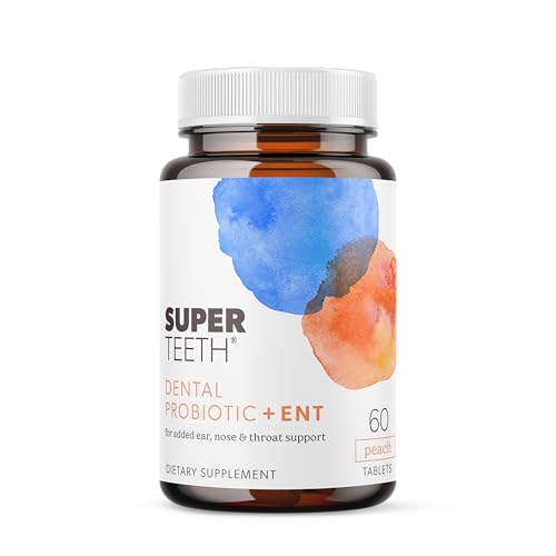 SuperTeeth Oral Probiotics for Mouth Bad Breath & Cavities with ENT Support Dental Probiotic with BLIS K12 & M18 for Oral Microbiome Sinus Throat & Immune Health 60 Natural Peach Chewable Tablets