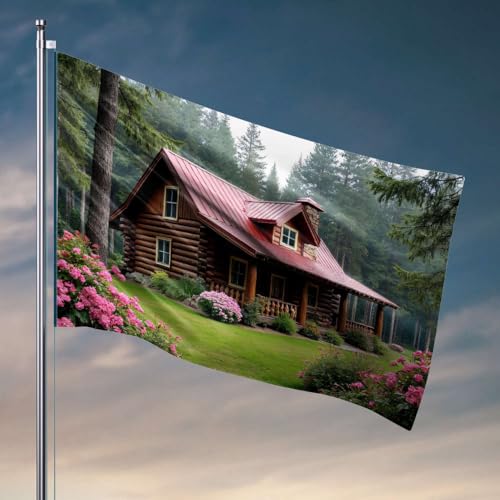 Bandera de jardín divertida con una acogedora cabaña de troncos ubicada en un exuberante jardín lleno de flores. Bandera de marido regalos decoración de oficina para hombres (152 x 244 cm)