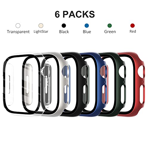 Fullife 6-Pack Pc Matte Case With Tempered Glass Screen Protector Compatible With Apple Watch Series 3/2/1,Overall Shockproof Bumper For Iwatch.38Mm, (Green/Blue/Red/Midnight/Starlight/Transparent) #TOP2