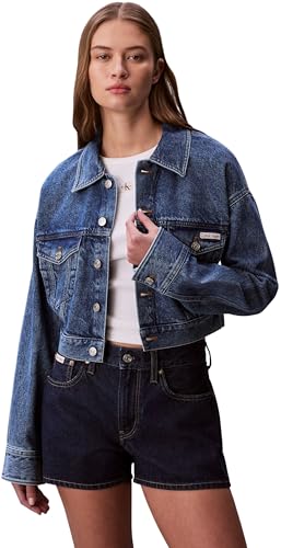 Image of Calvin Klein Women's Denim Cropped Trucker Blue Carol LV047F681G Jackets, BLUE, M