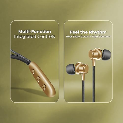 Image of Bluetooth Neckband Earphones, Bluetooth V5.4, 25+ Hours Playtime, C-Type Fast Charging Port, Multi-Function Integrated Controls, Golden