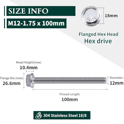 Image of M12-1.75 x 100mm Hex Flange Bolt (4 inch Thread Length), DIN6921, Serrated Locking Flange, 304 Stainless Steel, UNC Full Thread, 4-Pack