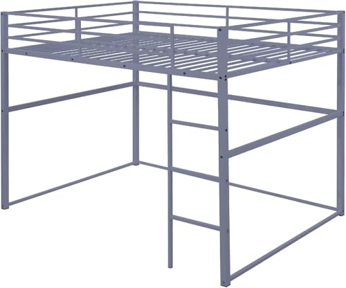 Metal Loft Bed Full Size, Loft Bed Frame with Safety Guard Rails & Flat Ladder, Twin Loft Bed for Kids Teens Adults, Gray