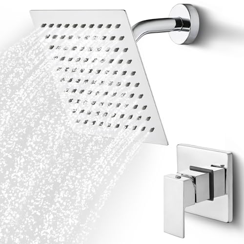 Set de grifería para baño SKOWLL, montaje en pared, cabezal de ducha de 8 pulgadas, sistema de ducha con válvula y mango, función simple, acabado en cromo pulido miniatura 1