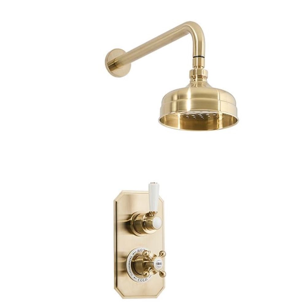 Milano Brushed Brass Elizabeth Thermostatic Mixer Valve 150Mm Round Shower Head Arm