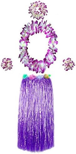 BAJOTAL Hawaiian Luau Hula Grass Skirt with Large Flower Costume Set for Dance Performance Party Decorations Favors Supplies (32" - Purple)