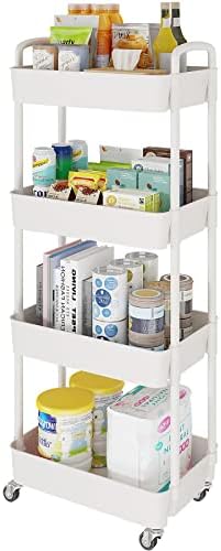 Laiensia 4-Tier Storage Cart,Multifunction Utility Rolling Cart Kitchen Storage Organizer,Mobile Shelving Unit Cart with Lockable Wheels for Bathroom,Laundry,Living Room,With Classified Stickers,White