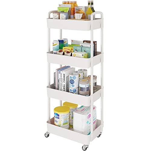 Image of Laiensia 4-Tier Storage Carts,Multifunction Utility Rolling Cart Kitchen Storage Organizer,Mobile Shelving Unit Cart with Lockable Wheels for Bathroom,Laundry,Living Room,With Classified Sticker,White