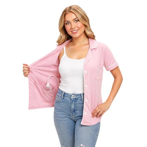 Mastectomy Recovery Shirt with Drain Pockets Button Down Post Surgery Top for Women Breast Post Op Surgery Care (Pink, XL)