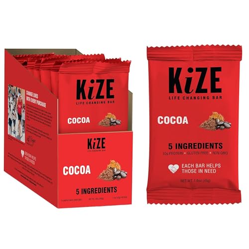 KiZE Energy Bars - Cocoa - 20-Count - Gluten Free, Non-GMO, and High Protein Meal Replacement Energy Bars, Clean and Simple Food Ingredients - 10g High Protein Snacks (20 Count)