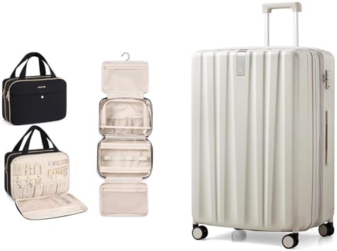 Hanke 29 Inch Expandable Checked Luggage Lightweight PC Hard Shell Luggage Suitcases and Hanging Travel Toiletry Bag for Women with Jewelry Organizer Compartment, Travel Essentials