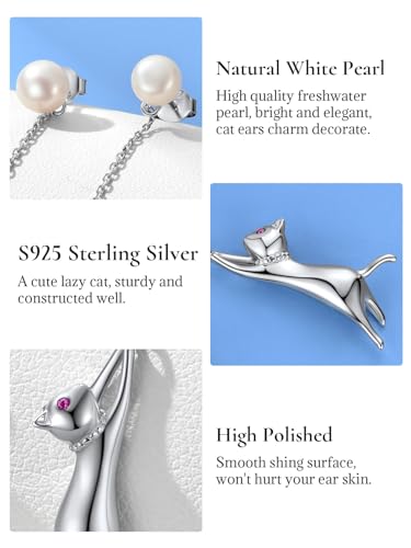 Kitten Drop Earrings for Women Elegant Pearl Stud 925 Sterling Silver Cat Dangle Earrings