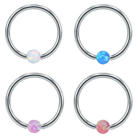Piercingpops 4PCS 16G Opal Nose Ring Stainless Steel Captive Bead Septum Ring Helix Cartilage Earrings Hoop Piercing Jewelry (16G- 8mm Diameter) Cover