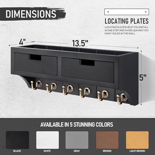 Rebee-Vision-Key-Holder-Wall-Mount-with-2-Drawer-Organizer-Decorative-Mail-Organizer-with-6-Key-Hooks-Small-Wall-Shelf-Modern-Home-Decor-for-Apartment-Essentials-Black