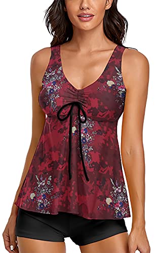 Maillot tankini Omichic modeste - Imprimé floral tie-dye rouge - Petit