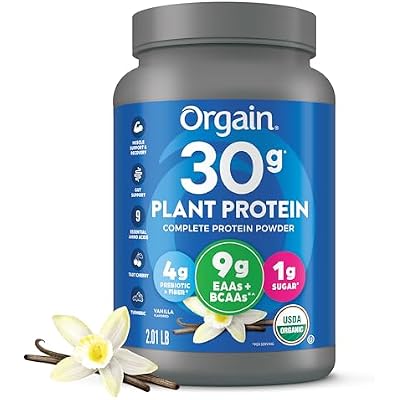 Orgain Organic 30g Vegan Plant Protein Powder, Vanilla, 9g EAAs + BCAAs, High Plant Protein, 4g Prebiotic + Fiber, 1g Sugar, Pre-Workout, Muscle Support + Recovery - 2.01lb (Packaging May Vary)