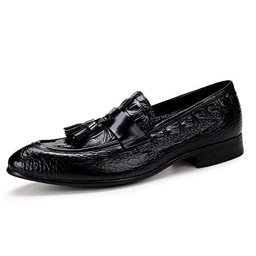 Rui Landed Driving Loafer For Men Formal Shoes Slip On Style Premium Genuine Leather Tasseled Crocodile Texture Pointed Toe Low Top Block Heel Solid Colors (Color : Black, Size : 9) #TOP10