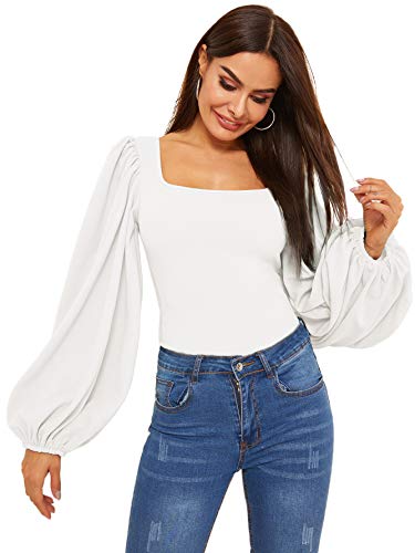 Romwe Women s Long Puff Sleeve Square Neck Slim Fit Crop Tops Blouse Sweatshirt New White Medium