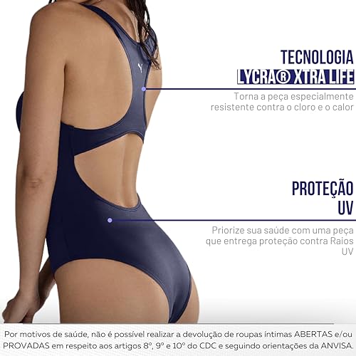 Maiô Nadador Puma UV50+ Lycra Xtra Life - Moda Praia 2024 Feminino, Marinho, GG