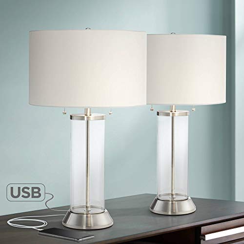 Possini Euro Design Fritz Coastal Table Lamps 26.5" High Set of 2 with USB and AC Power Outlet in Metal Base Glass Column Fabric Drum Shade for Living Room Bedroom Beach House Bedside Nightstand - Image 2