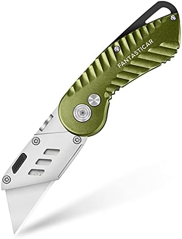 FantastiCAR Folding Utility Knife, Quick Blade Change Box Cutter, Anti-slip Metal Body, with Safety Lock and 5 Extra Blades (Retro Green)