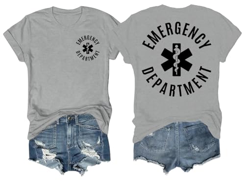 Racsea Emergency Department Shirt Men Women Graphic Short Sleeve T-Shirt Tee, ER Nurse V-Neck Shirt Grey