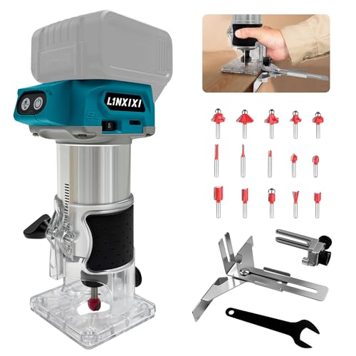 L1NXIXI Akku Oberfräse für Makita 18V-LXT Akku, 800W Bürstenloser Oberfräse mit 5 Geschwindigkeiten, 10,000-30,000 U/min, 18V Einhandfräse Akku Kantenfräser mit 15 Stück 1/4' Fräser (ohne Akku)