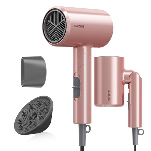 Image of BABONIR 1875W Diffuser Hair Dryer, Ionic Foldable Blow Dryer, Pink | Fast Drying Hair dryer for Curly & All Hair Types, 3 Heat & 2 Speed, Concentrator & Diffuser, Compact & Portable, Women