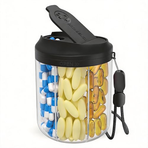 Image of HIONXMGA Pill Bottle Organizer with 7 Large Compartments, Pill Dispenser 4.4 inch H x 3.6 inch Dia for Travel, Supplement Organizer with Anti-Mixing Design, BPA-Free Pill Container with 20 Pcs Labels, Black