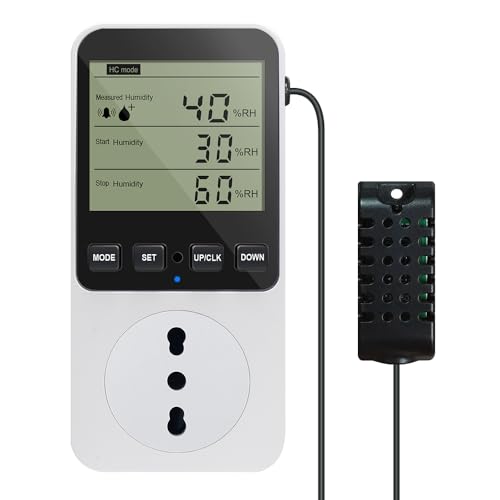 KETOTEK Digitale Igrostato/Termostato con Spina e Presa con Sonda 230V Regolatore di Umidità Umidostato con Allarme per Deumidificatore Uumidificatore Serra