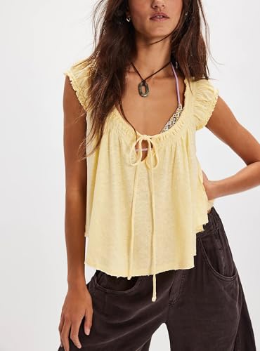 Womens Summer Flowy Short Sleeve Tank Top with Lace Trim Button Down Chiffon Shirt Boho Tie Front Ruffle Tank Tops3