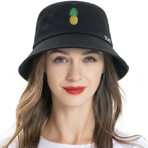 ZLYC Cotton Bucket Hats for Women Men Embroidered Packable Beach Hat Summer Travel Sun Cap for Daily Commute, Pineapple, Black, One size