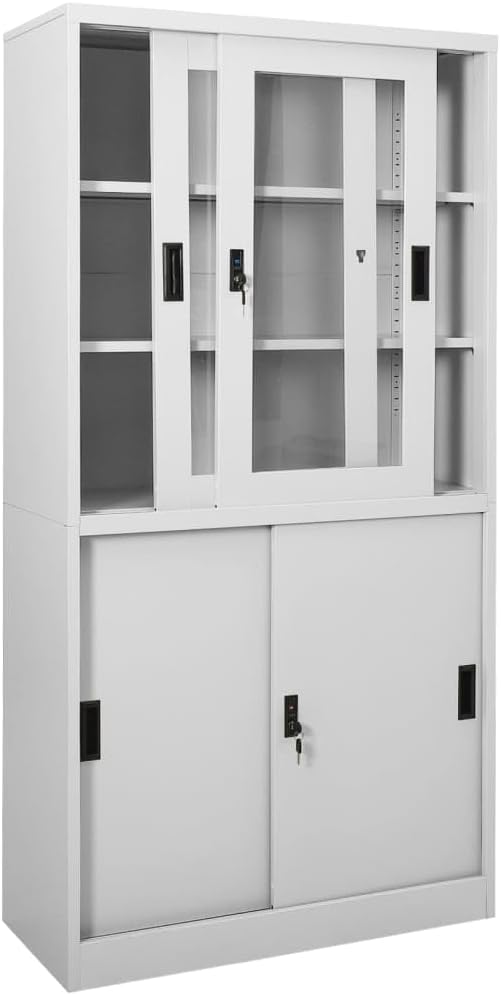 vidaXL Steel Office Cabinet with Adjustable Shelves and Locks, Light Gray - Large, Industrial Style, 35.4"x15.7"x70.9" Office Filing Cabinet with 4 Sliding Doors