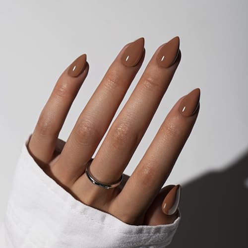 KQueenest Light Brown Press On Nails Short - Acrylic Press On Nails Almond, Sheer Short Fake Nails Set, Glossy Opaque, Stiletto Reusable Soft Gel Glue on Nails for Women Fall Winter, 30 Pcs
