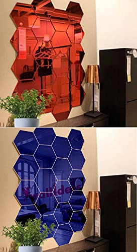 Image of Wall1ders Hexagon 20 Red 20 Blue Hexagon Mirror Wall Stickers, Mirror Stickers for Wall, Hexagonal Mirror Wall Sticker for Hall Room, Living Room, Bed Room, Kitchen, Home & Offices