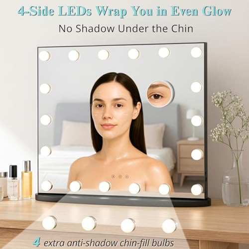 Image of LUXFURNI Vanity Mirror with Lights, 23.6 inch Hollywood Makeup Mirror Black | 18 Surround LED Bulbs, 360 Shadow-Free Lighting, 3 Color Modes, USB Charging, Tabletop & Wall Mount for Bedroom Dorm Desk